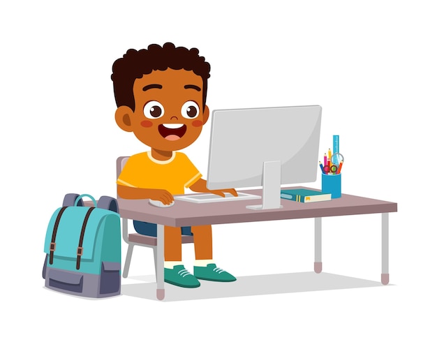 Vecteur mignon petit enfant utilise un ordinateur pour étudier internet