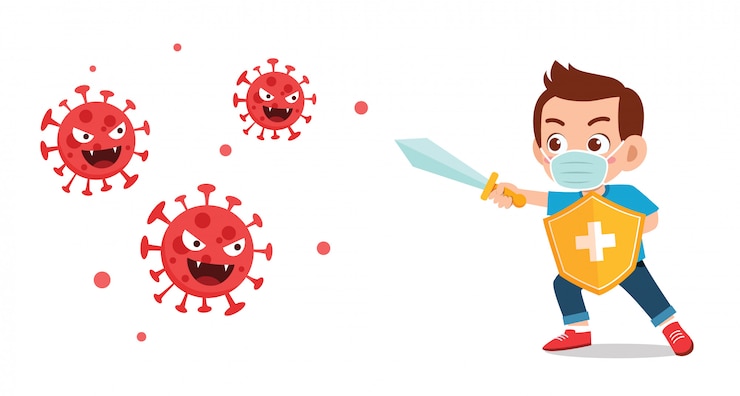 Vecteur mignon petit garçon enfant lutte contre le virus corona