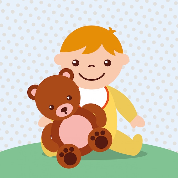Vecteur mignon petit garçon avec ours en peluche jouet