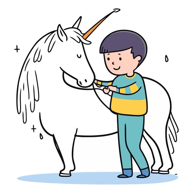 Vecteur un mignon petit garçon qui chevauche une licorne dans le style des dessins animés