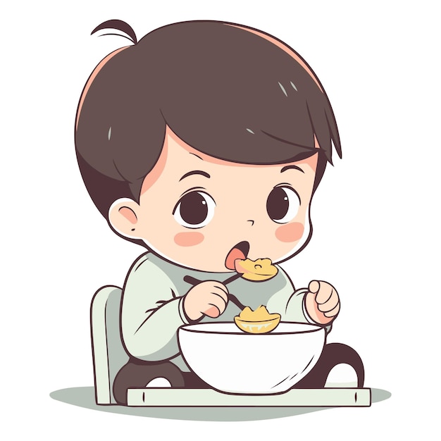 Vecteur un mignon petit garçon qui mange des cornflakes illustration de dessin animé vectoriel
