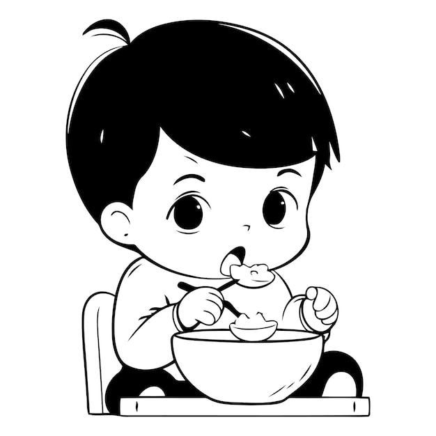 Vecteur un mignon petit garçon qui mange des cornflakes illustration de dessin animé vectoriel