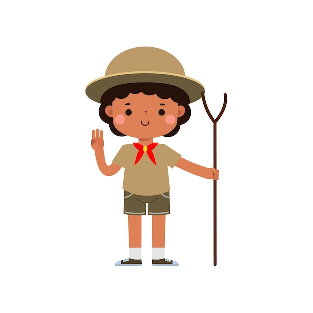 mignon petit garçon scout avec bâton de randonnée Happy kid girl scout honneur uniforme camp d'été dessin animé plat