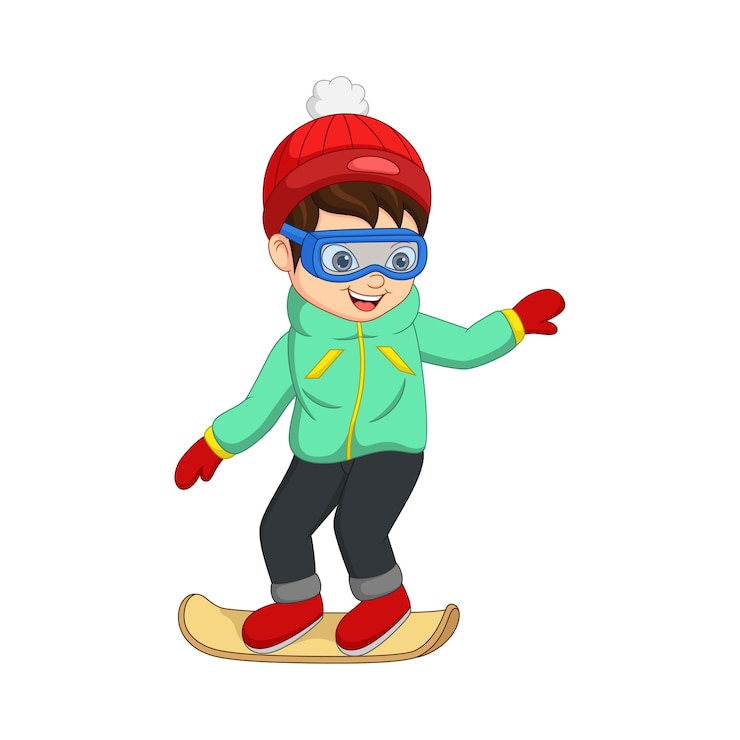Vecteur mignon petit garçon en vêtements d'hiver jouant un snowboard