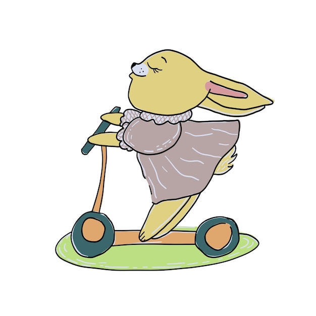 Mignon petit lapin dans une robe sur un scooter Illustration de dessin animé dessiné à la main de vecteur