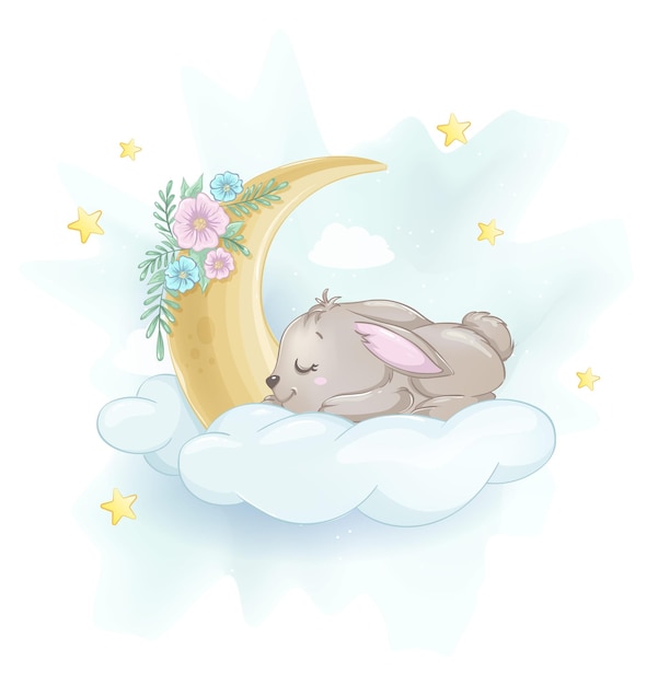 Mignon Petit Lapin Dormant Sur Un Nuage