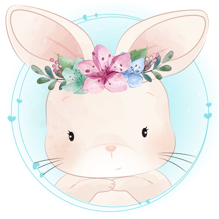 Vecteur mignon petit lapin avec portrait floral