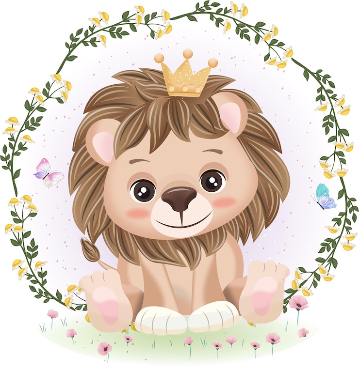 Vecteur mignon petit lion avec couronne de fleurs et papillons