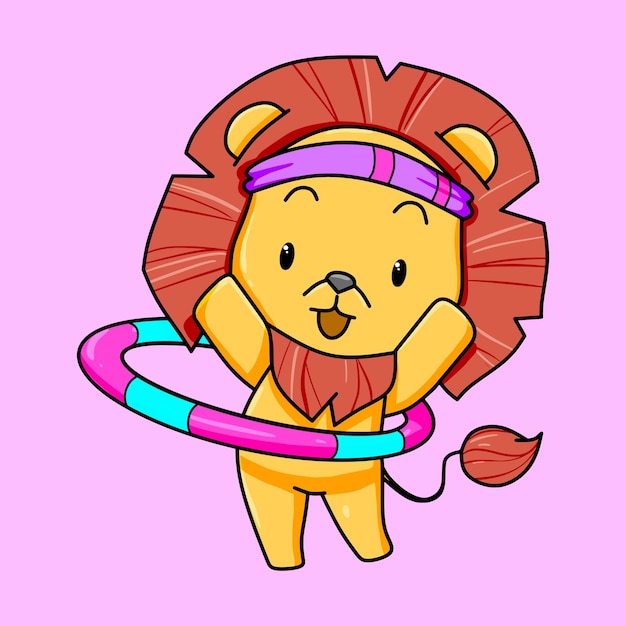 Vecteur mignon petit lion qui joue au hula hoop avec un bandeau, faisant de l'exercice avec enthousiasme