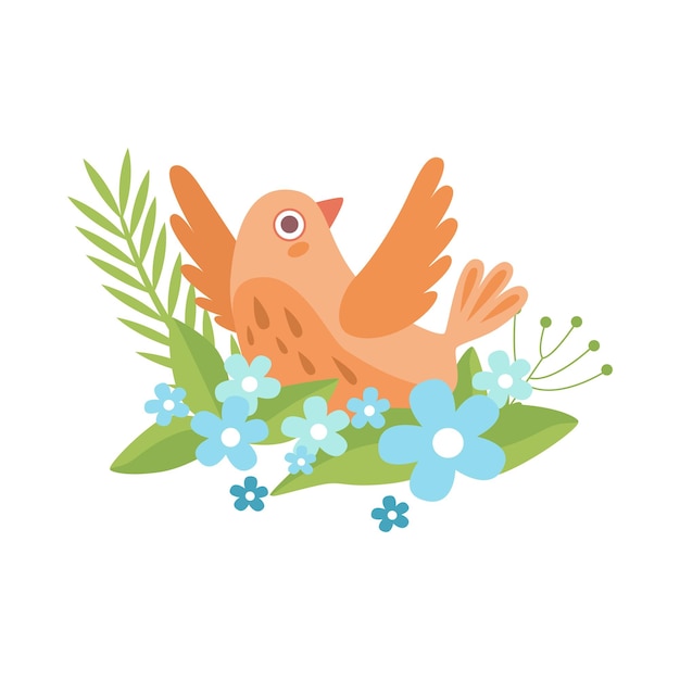 Mignon Petit Oiseau Orange Battant Des Ailes Symbole Du Printemps Illustration Vectorielle Sur Fond Blanc