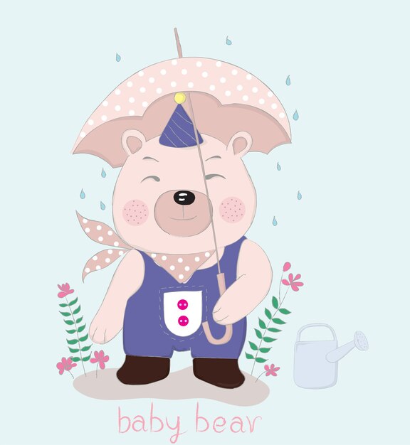 Vecteur mignon petit ours dessin animé tenir parapluie