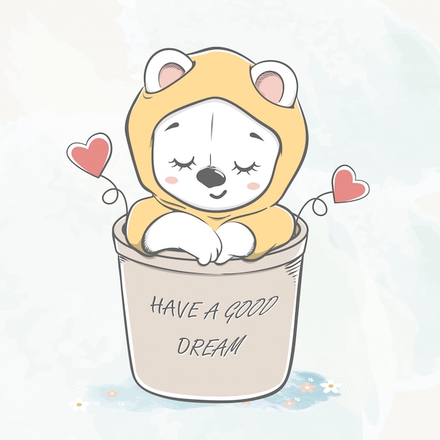 Mignon petit ours dormir dans le panier dessiné à la main couleur eau eau