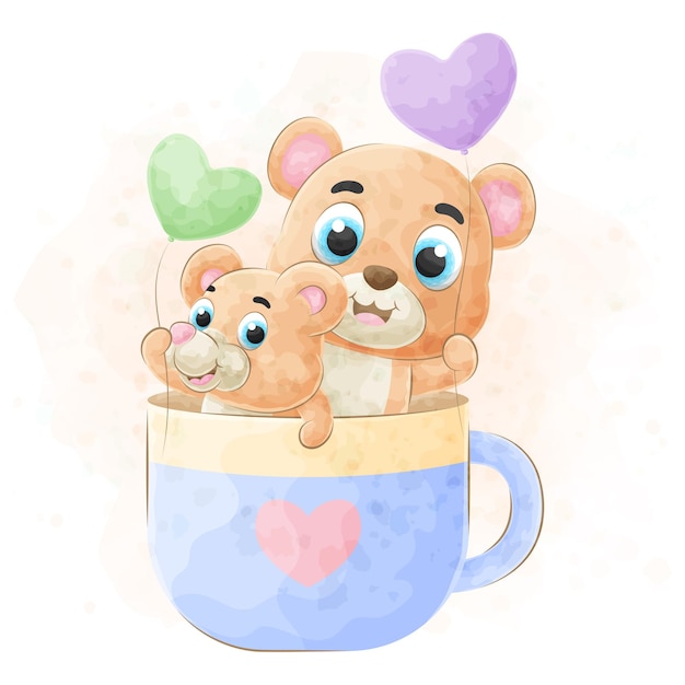 Mignon Petit Ours Avec Illustration Aquarelle