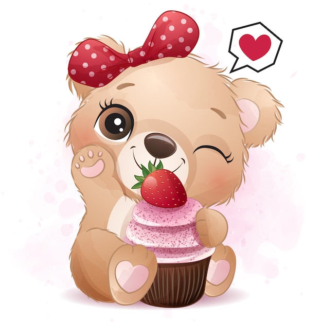 Mignon Petit Ours Avec Illustration De Cupcake Aux Fraises