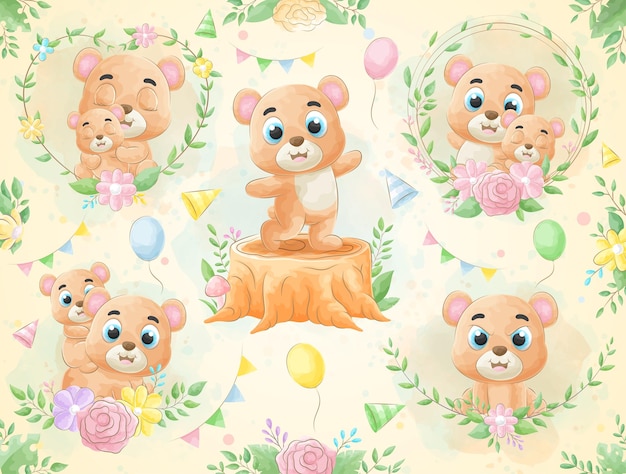 Mignon Petit Ours Avec Jeu D'illustration Aquarelle