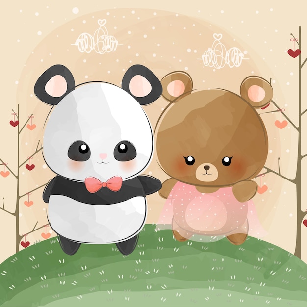 Vecteur mignon petit ours et panda se promène ensemble