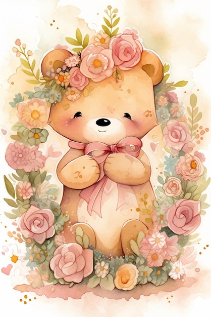 Un mignon petit ours en peluche avec des fleurs et un arc.