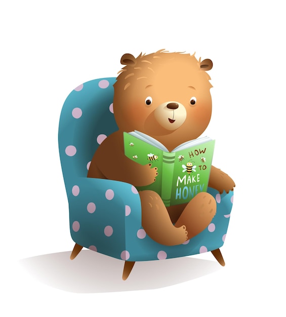 Le Mignon Petit Ours En Peluche Lit Un Livre Dans Son Fauteuil.