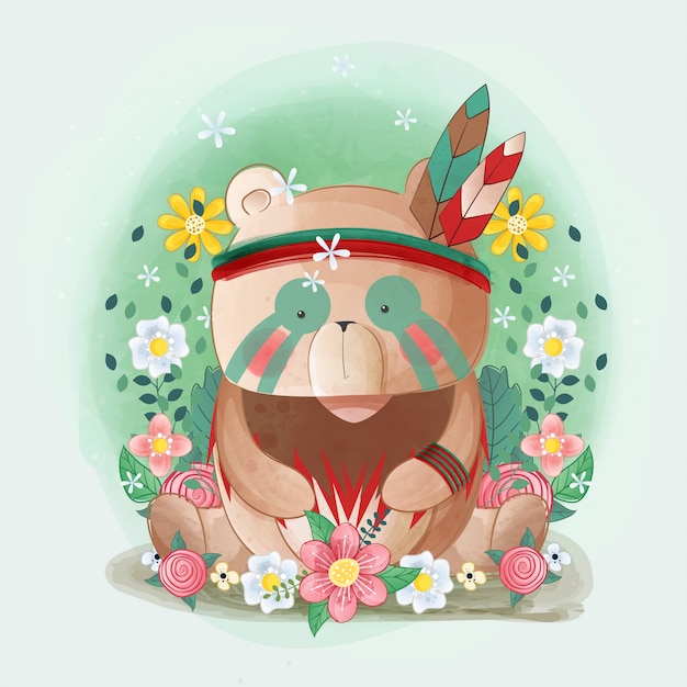 Mignon Petit Ours Avec Des Plumes Et Des Fleurs