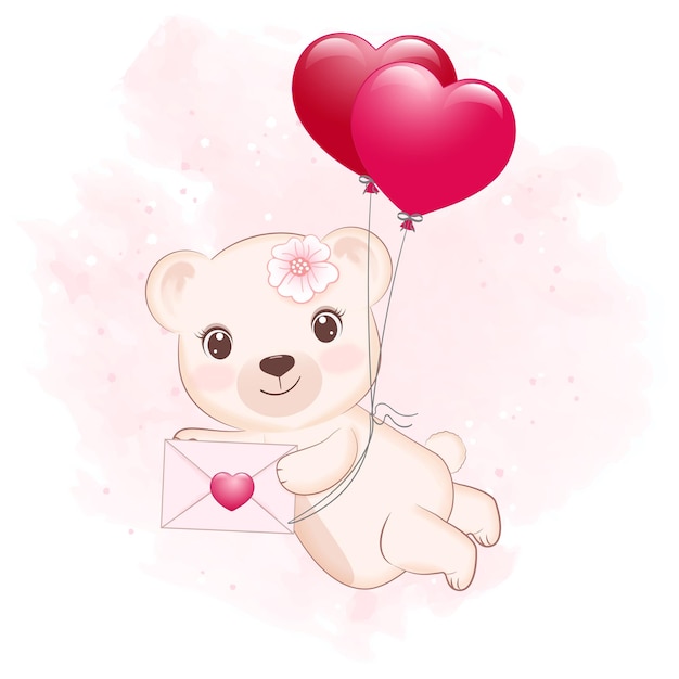 Mignon petit ours tenant illustration de concept de lettre d'amour Saint Valentin