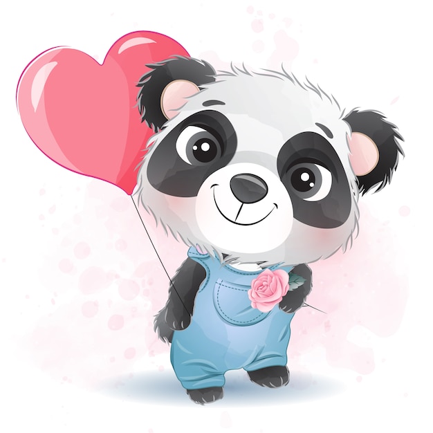 Mignon Petit Panda Tenant Un Ballon D'amour