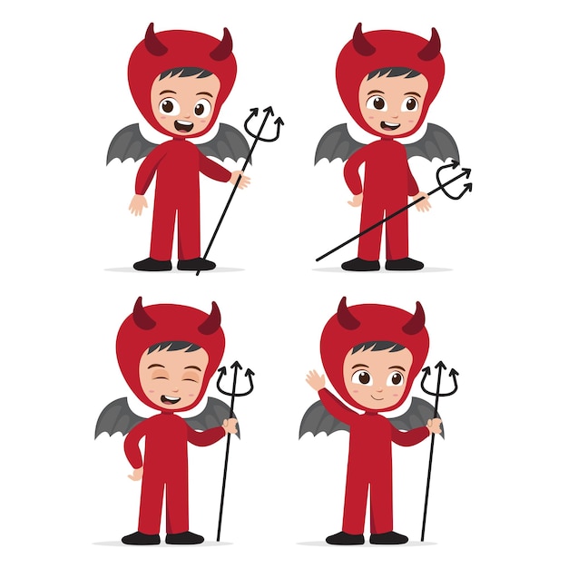Mignon Petit Personnage Diable Kid Set Vector Illustration