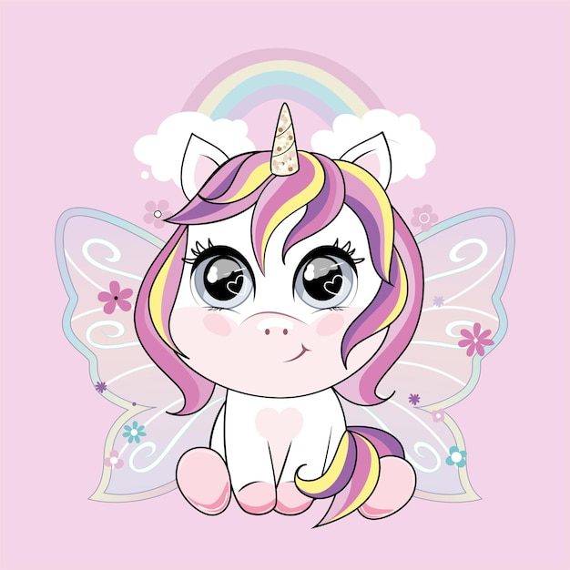 Mignon petit personnage de licorne avec des ailes de papillon sur fond rose avec arc-en-ciel