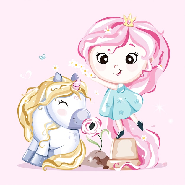 Mignon Petit Personnage De Licorne Avec Fleur Et Princesse. Vecteur.