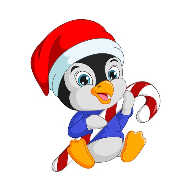 Mignon petit pingouin en bonnet de noel tenant des bonbons