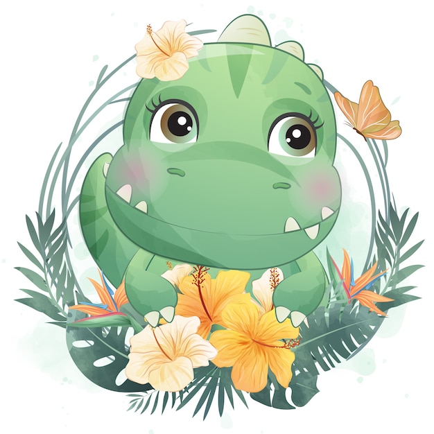 Mignon petit portrait de dinosaure avec floral