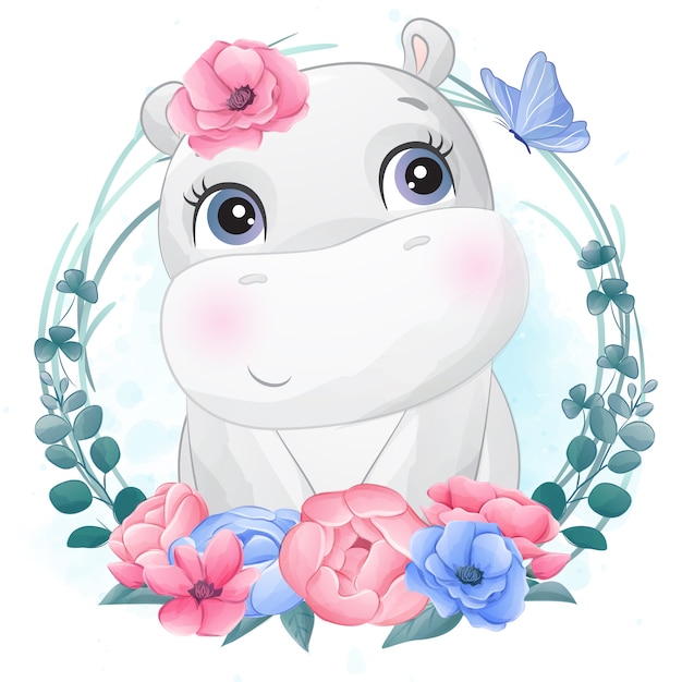 Mignon Petit Portrait D'hippopotame Avec Floral