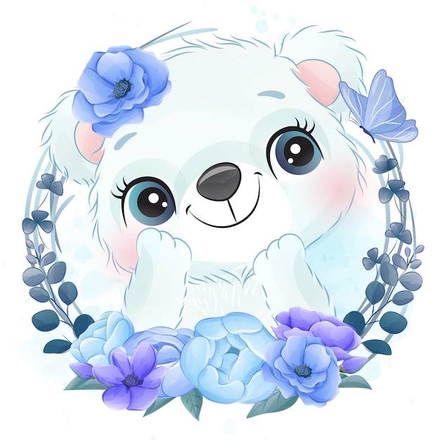 Mignon Petit Portrait D'ours Polaire Avec Floral