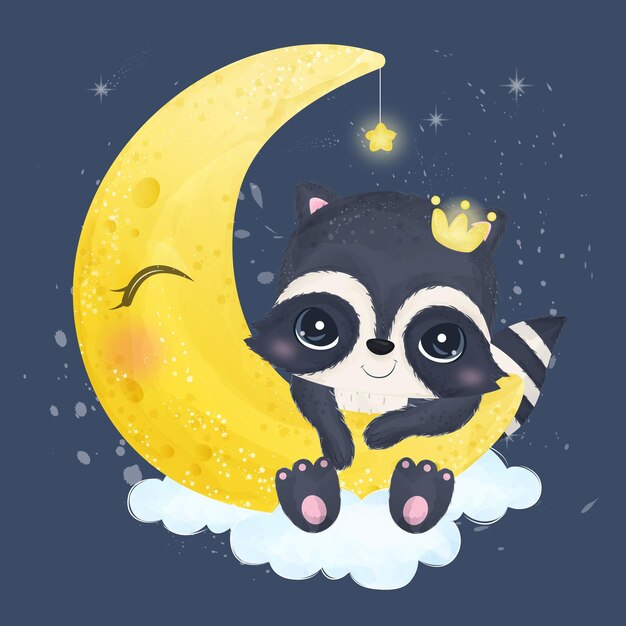 Mignon petit raton laveur jouant avec la lune à l'aquarelle
