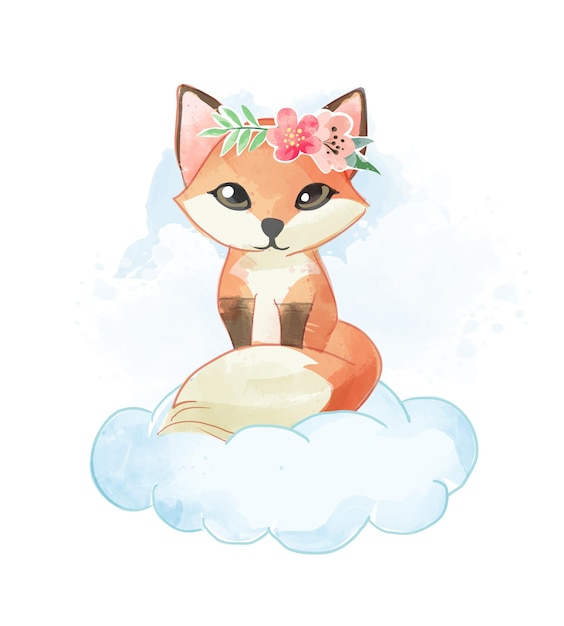 Mignon Petit Renard Avec Couronne Florale Sur L'illustration Vectorielle De Nuage