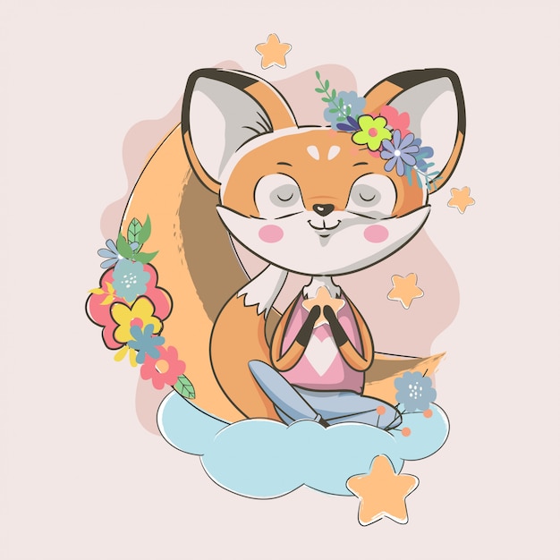 Mignon petit renard dessiné à la main avec des fleurs et la lune