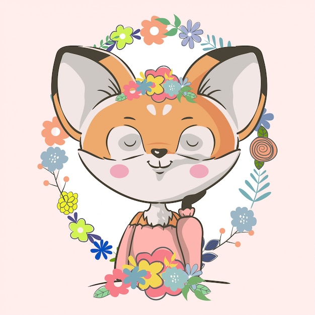 Mignon Petit Renard Dessiné à La Main Avec Des Fleurs