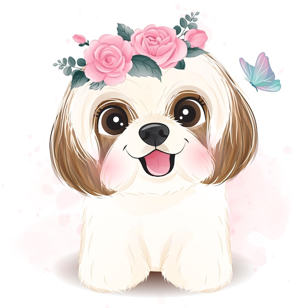 Vecteur mignon petit shih tzu avec illustration florale