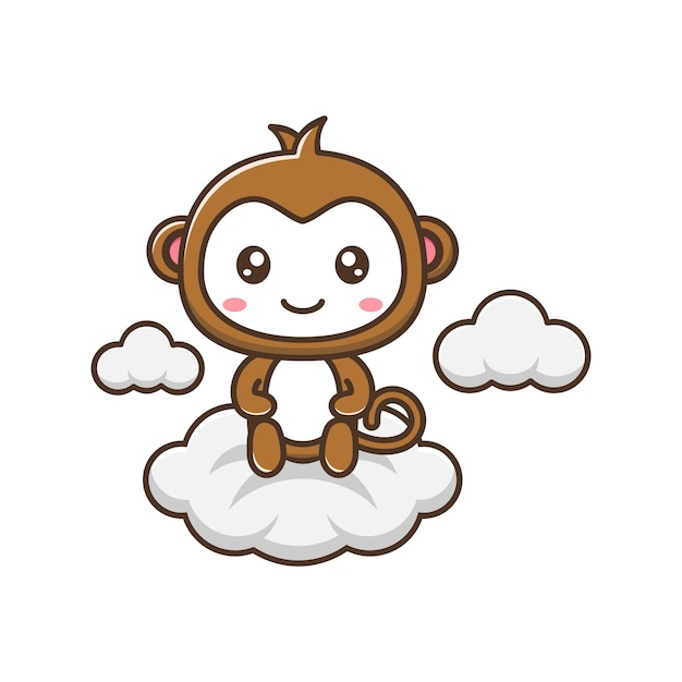 Mignon Petit Singe Avec Assis Sur L'illustration De Dessin Animé De Nuage Isolé