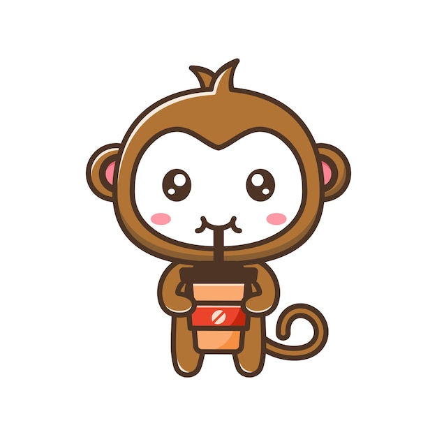 Mignon petit singe boit une tasse d'illustration de dessin animé de café isolé
