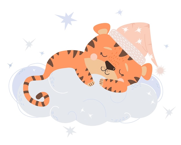 Mignon Petit Tigre En Bonnet De Nuit Rose Dort étreignant Le Nuage Animal Endormi Pour La Collection Pour Enfants