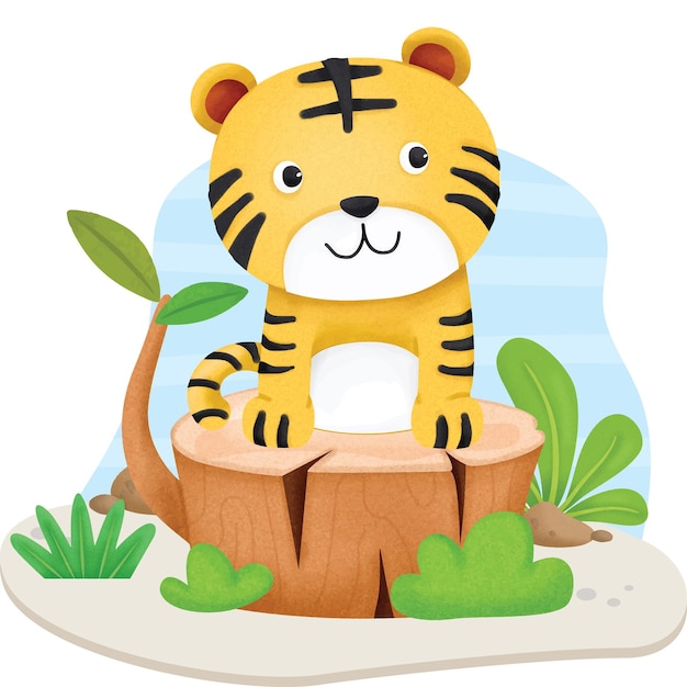 Vecteur le mignon petit tigre dans l'arbre