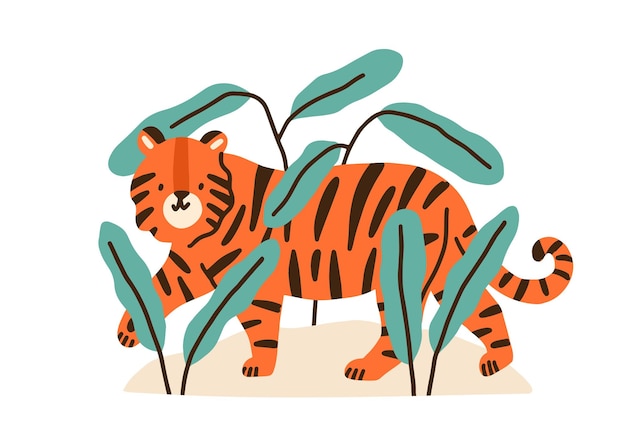 Mignon Petit Tigre Enfantin Dans Les Plantes De La Jungle. Adorable Animal Exotique Drôle Isolé Sur Fond Blanc. Félin Sauvage Amusant. Illustration Simple De Dessin Animé Vectoriel Plat Pour L'impression De T-shirt.