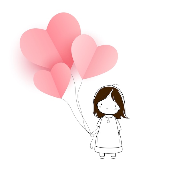 mignon, petite fille, à, coeur, ballons, vecteur, illustration