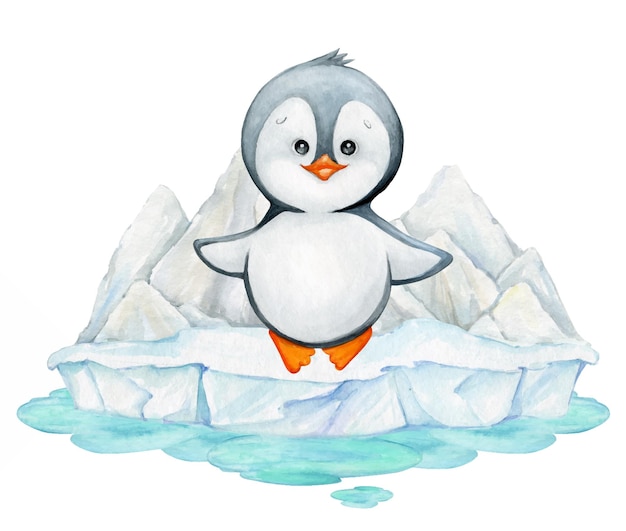 Mignon Pingouin Glaciers Aquarelle Clipart En Style Cartoon Sur Un Fond Isolé