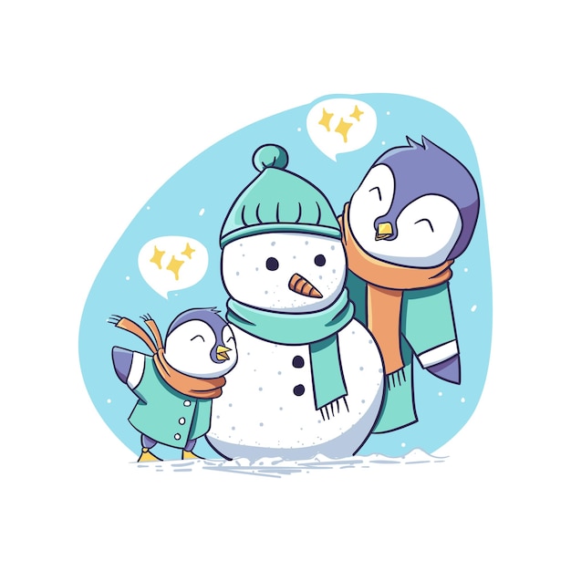 Mignon Pingouin Hiver Parent Et Enfant Construire Bonhomme De Neige Ensemble Personnage Autocollant Illustration