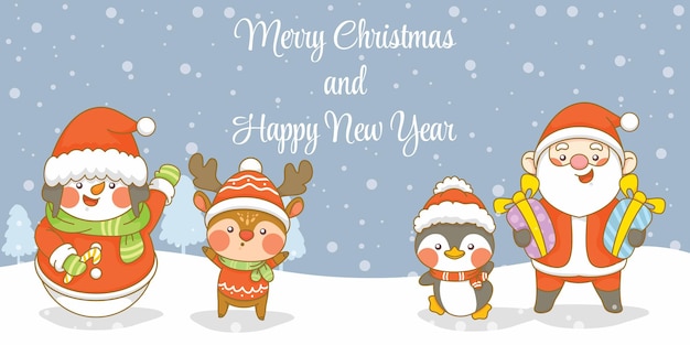 Mignon Pingouin De Santa Deer Et Bonhomme De Neige Avec Bannière De Voeux De Noël Et Nouvel An
