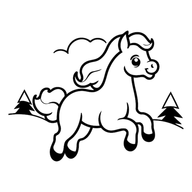 Vecteur un mignon poney de dessin animé qui court dans la prairie illustration vectorielle
