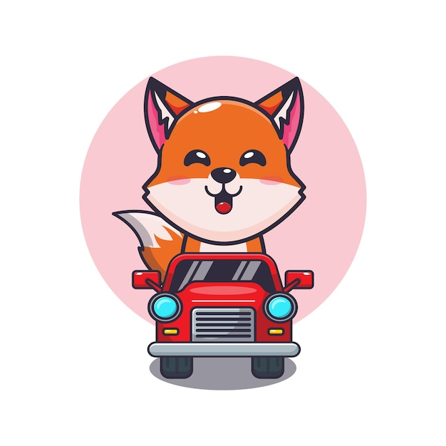 mignon, renard, mascotte, dessin animé, caractère, monter, voiture
