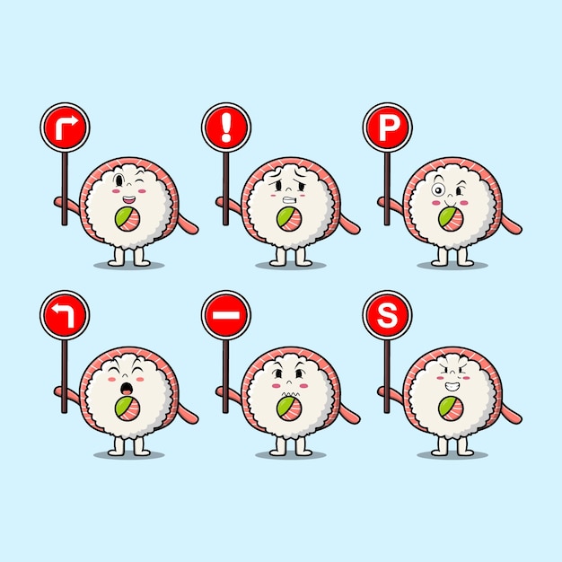 Mignon Riz sushi roule le personnage de dessin animé de sashimi tenant un panneau de signalisation dans un style plat moderne