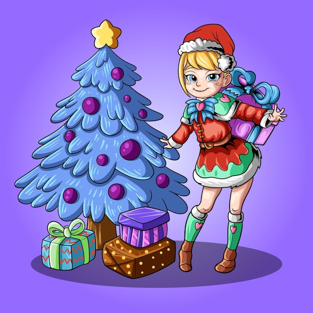 Mignon, Santa, Girl, à, Arbre Noël